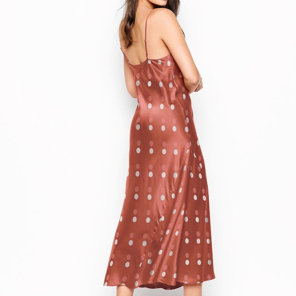 NWT Victoria's S Washable Silk Slip Dress Polka Dot Lingerie Beige Midi Long